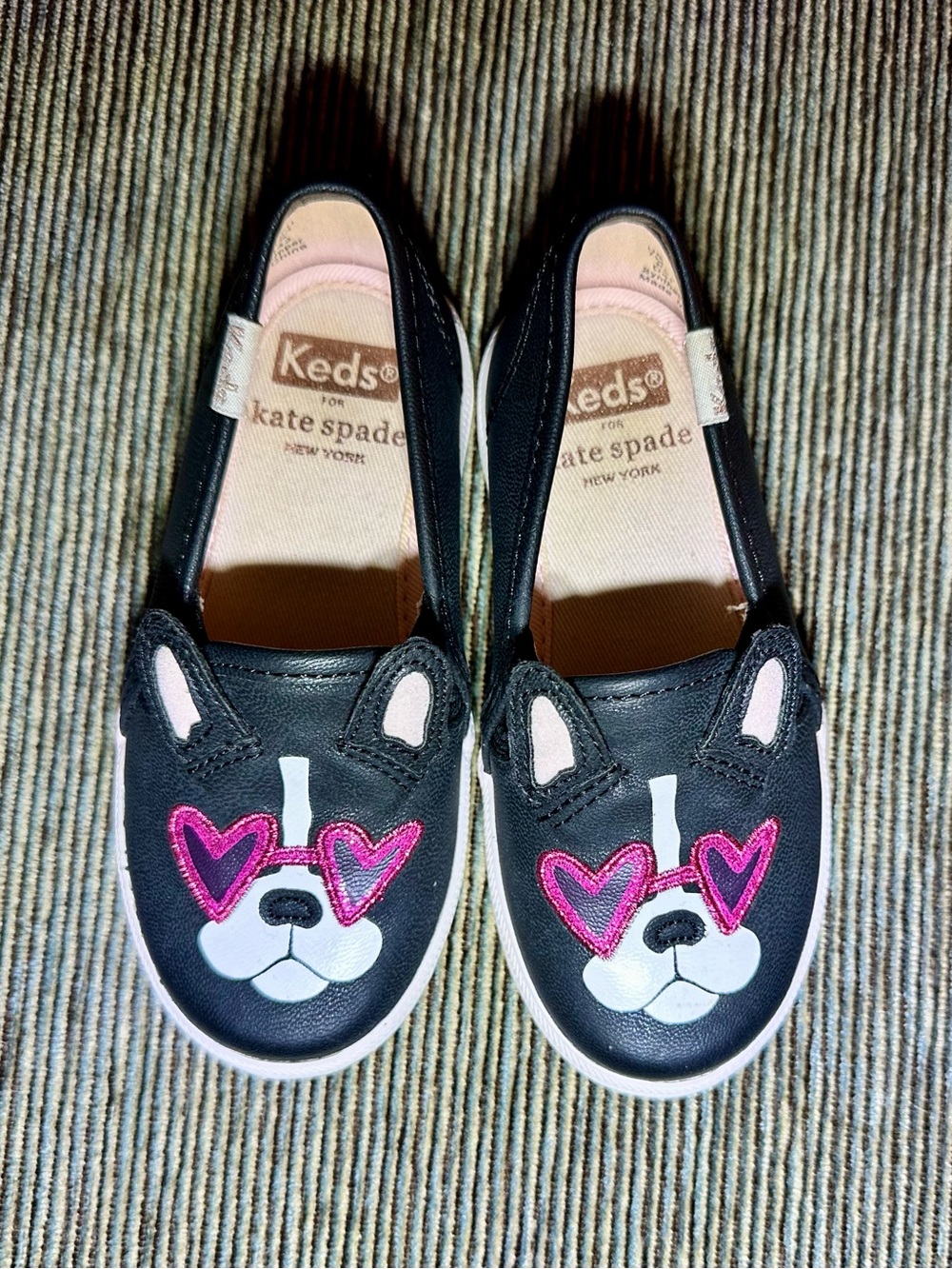 Keds for kate spade Kids Black Slip-On Sneakers with Pink Heart Dog Appliqué